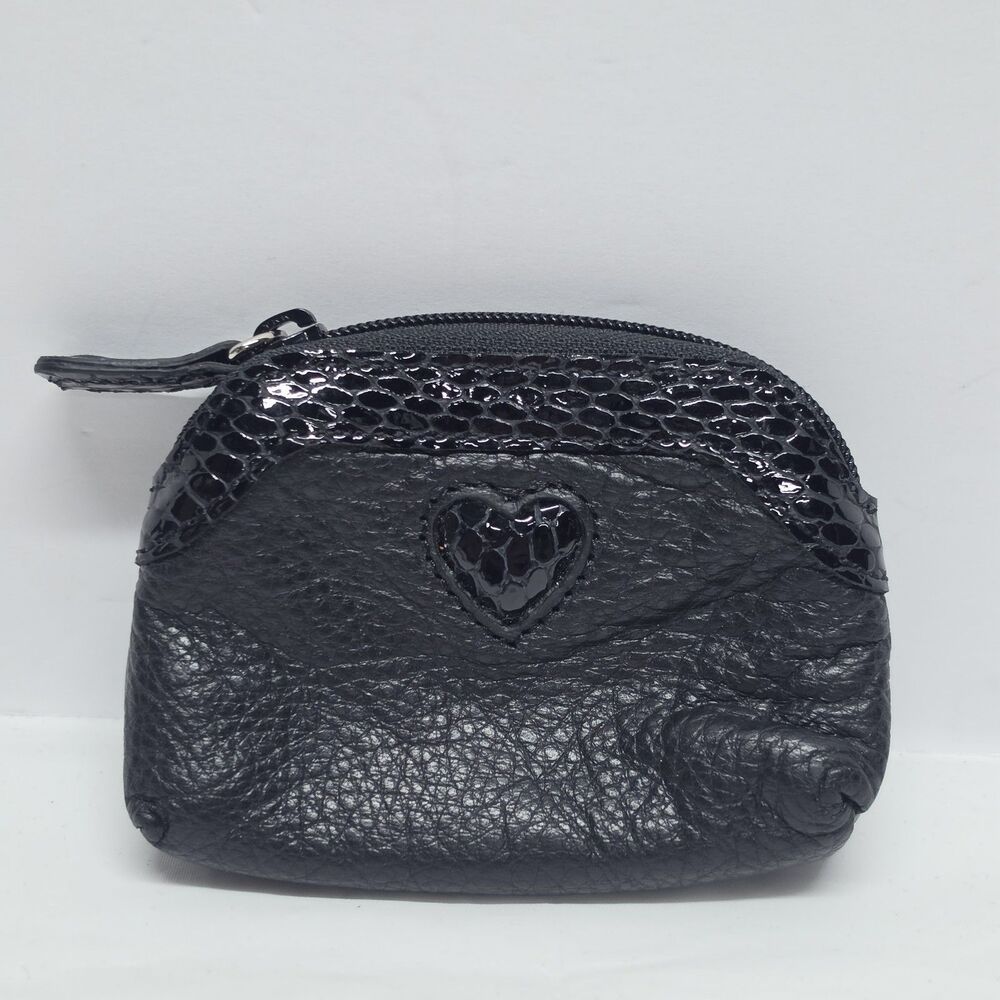 BRIGHTON Black leather small coin change wallet key holder case Snake embossed